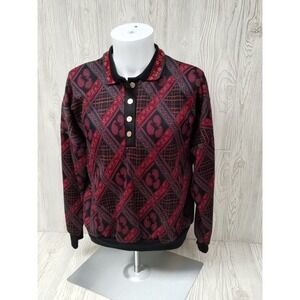 Vintage Season Ticket Collared Long Sleeve Sweater Womens LG 4 Button Red Black